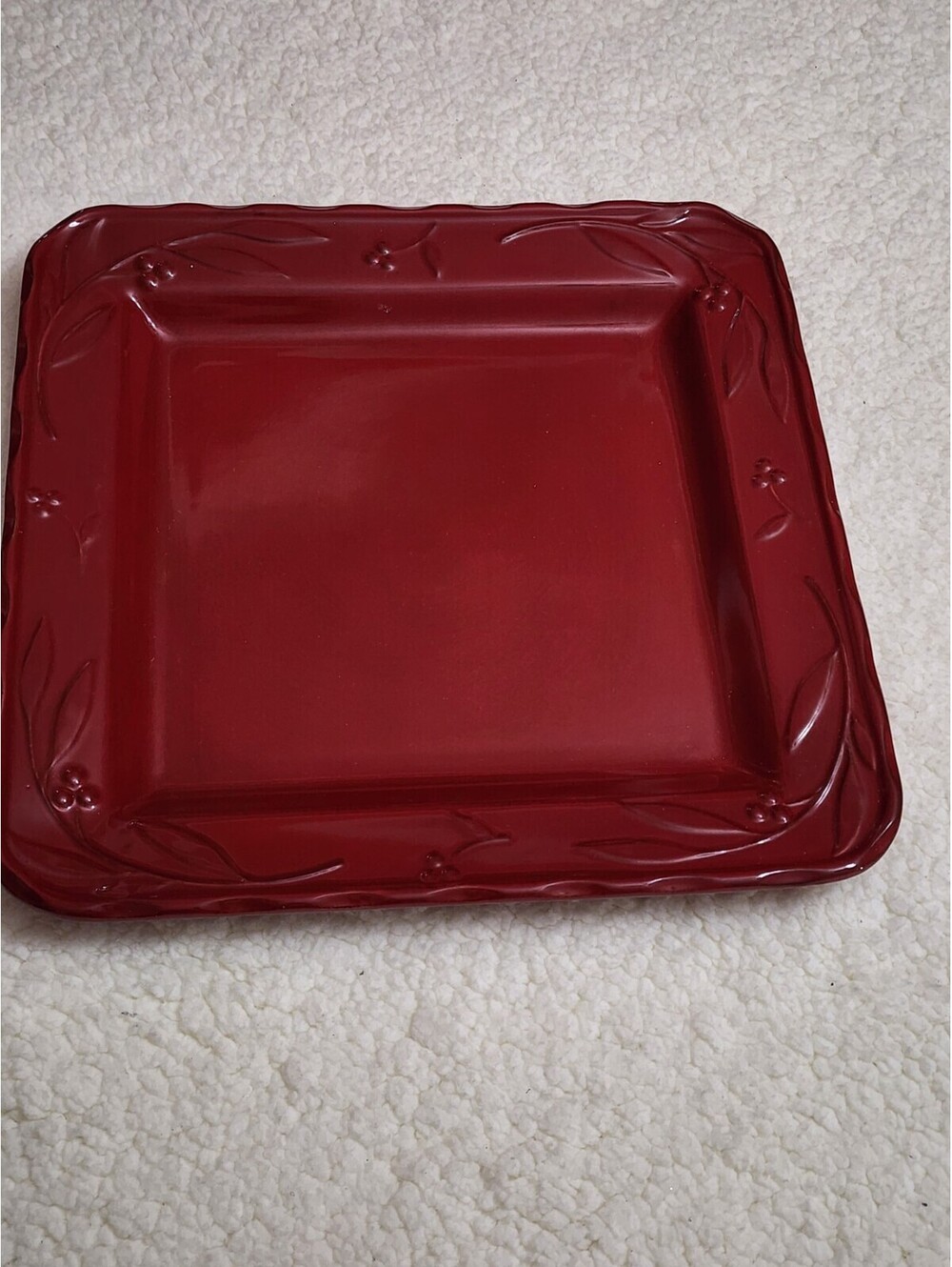 14"14 Square Platter Bella Signature Red Ruby Stoneware Embossed Leaves  Berries